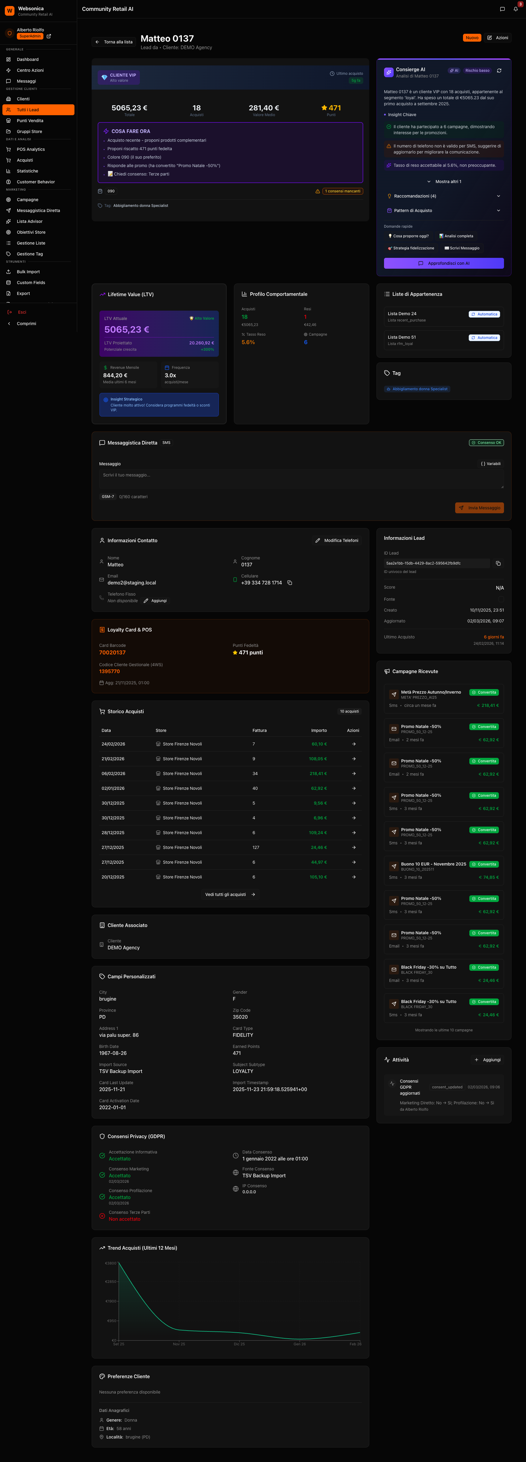 Panoramica lead e clienti con strumenti di fidelizzazione negozio