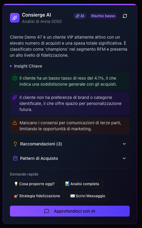 Chat AI Concierge che risponde su preferenze e storico del cliente