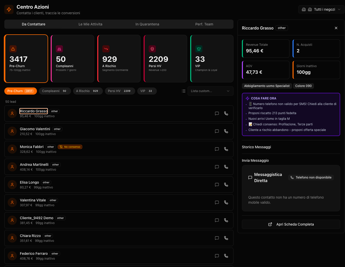 Hub clienti con azioni suggerite e lista contatti per lo Store Manager