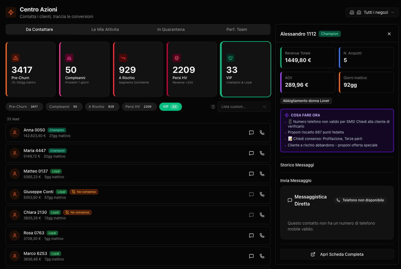 Alert VIP inattivo con trigger per campagna win-back automatica