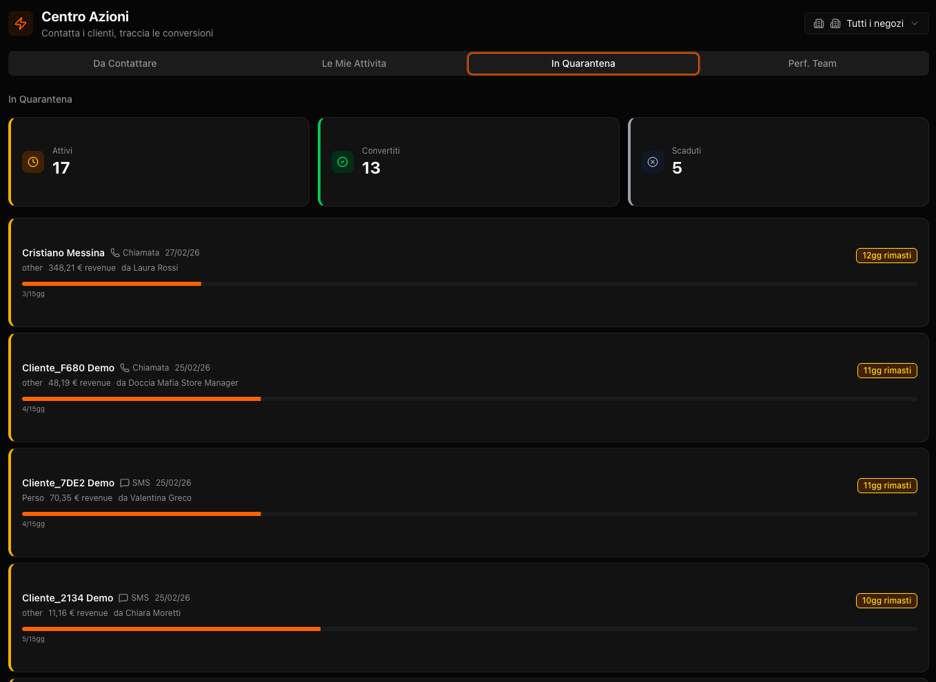 Lista lead in quarantena con motivo e azioni disponibili