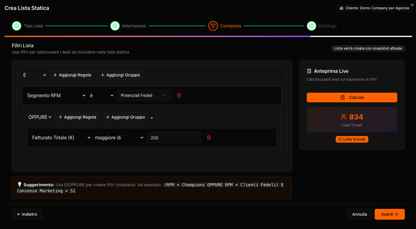 Editor liste dinamiche con filtri combinabili AND/OR e preview risultati