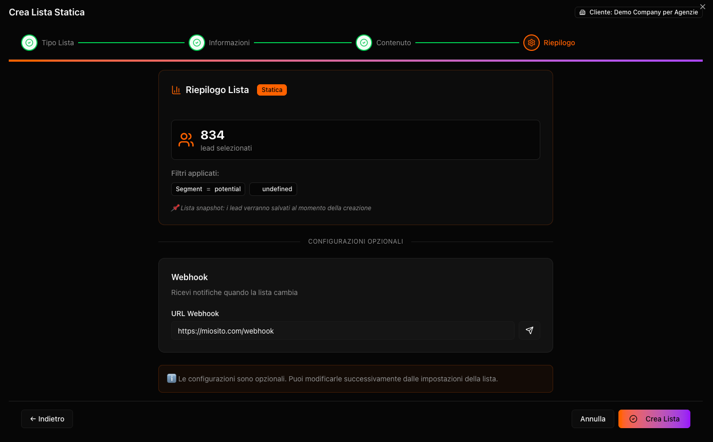 Preview risultati lista con conteggio lead e deliverability