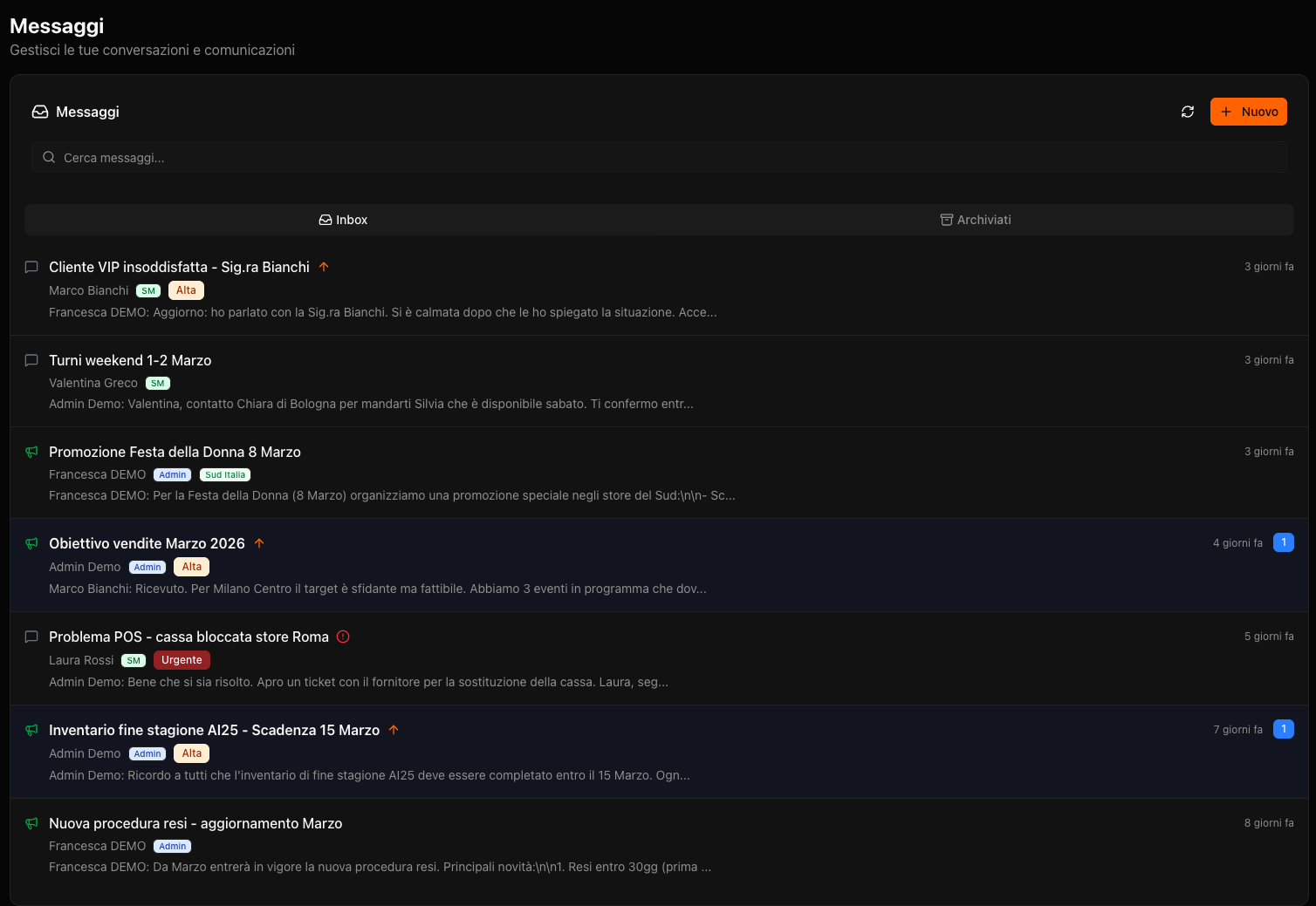 Centro notifiche con alert obiettivi e campagne
