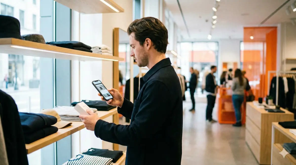 Cliente che usa smartphone in negozio per verificare disponibilità prodotto