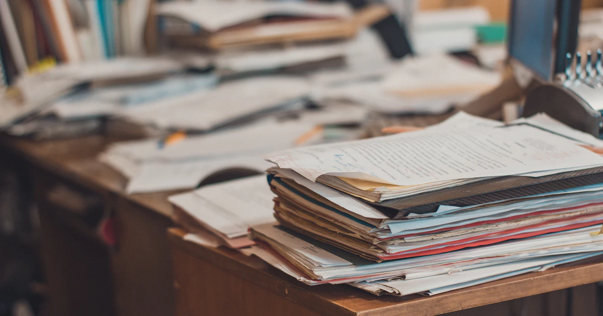 Una pila di carte e fogli sulla scrivania, simbolo del lavoro Excel che il SM moderno può finalmente abbandonare