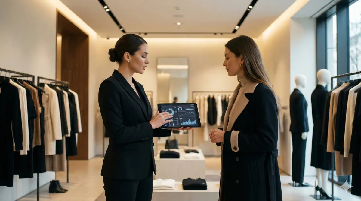 Store manager che utilizza tablet con dashboard AI in un negozio retail
