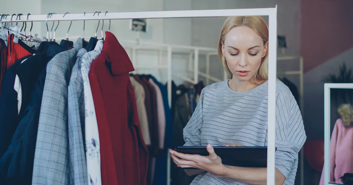 Una commessa controlla il tablet con la lista clienti e i capi suggeriti per il giorno