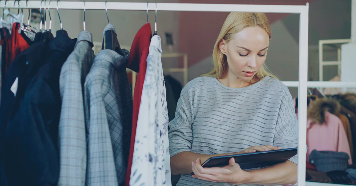 Store Manager controlla i capi con tablet in mano in un negozio di abbigliamento