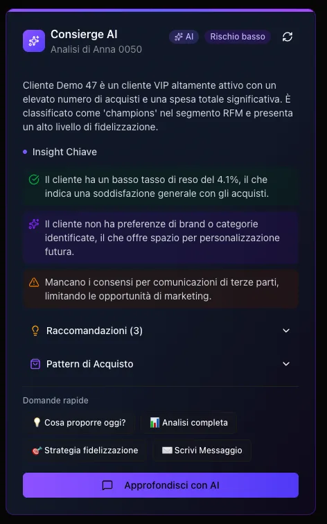 Chat AI Concierge integrata nella scheda cliente con suggerimenti intelligenti