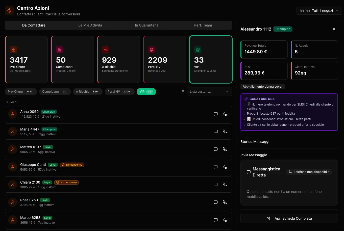 Alert automatico per clienti VIP inattivi nella piattaforma Community Retail AI