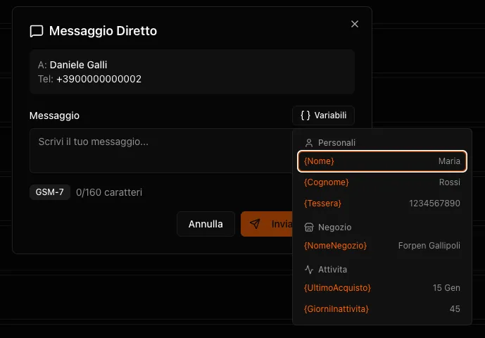 Editor SMS con variabili dinamiche e anteprima del messaggio